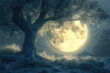 Aufkleber - Enormous full moon illuminating a serene landscape, casting its glow on a majestic ancient tree and wildflowers.