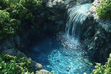 Poster - Serene waterfall cascades into a hidden, crystal-clear pool surrounded by lush greenery.