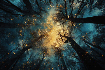 Aufkleber - A mesmerizing view of a starry night sky seen through the branches of a forest, creating an enchanting scene.