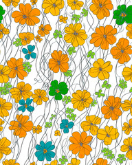 Poster - Vibrant Closeup of Mod Flowers With Swirling Vines in Shades of Orange and Yellow