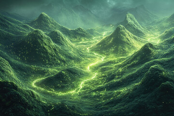 Poster - Glowing green valley winding through lush, rolling hills under a dark sky.