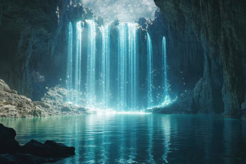 Aufkleber - Enchanted cave waterfall with glowing water cascading into a tranquil pool, creating a magical scene.