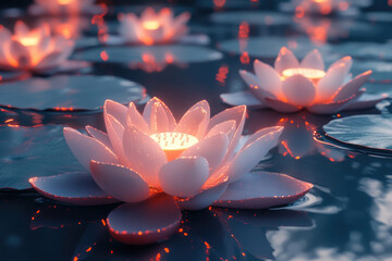 Poster - Glowing lotus flowers illuminate a serene pond at night, creating a magical, peaceful atmosphere.