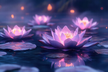 Poster - Glowing purple lotus flowers bloom serenely on a dark, still pond at night, illuminated by soft light.