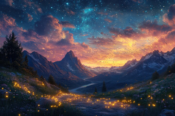 Aufkleber - Magical sunset over majestic mountains, fireflies illuminating a path under a starry sky.