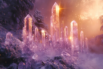 Aufkleber - A mystical winter landscape featuring towering, luminous quartz crystals glowing in a snowy forest.