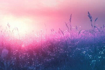 Poster - Serene sunrise over a misty field of wildflowers, bathed in soft pink and purple hues.