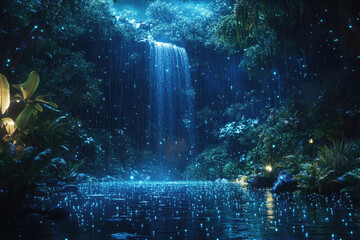 Aufkleber - Enchanted waterfall cascading through a mystical rainforest at night, illuminated by bioluminescent lights and rain.