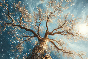 Aufkleber - A majestic tree stretches towards a starry sky, creating a surreal and ethereal scene.