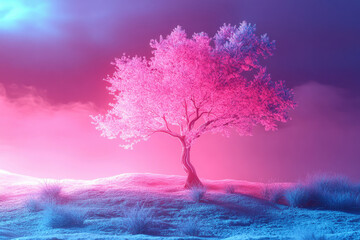 Aufkleber - A single tree stands in a surreal, vibrant pink and blue landscape bathed in otherworldly light.