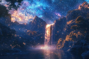 Aufkleber - A magical waterfall cascades down mountains under a breathtaking starry night sky, illuminated by fireflies.