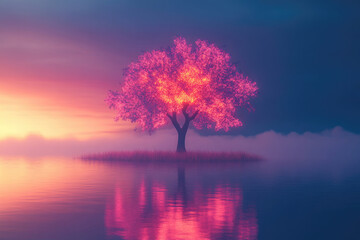 Poster - Glowing pink tree on a tranquil island at sunset, reflecting in serene water.