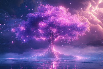 Aufkleber - A luminous purple tree glows brightly, ethereal particles dance around it, reflecting in a still body of water under a dreamy sky.