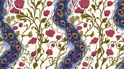 Aufkleber - Symmetrical Beauty of Peacock Feathers and Vibrant Floral Blooms in Cobalt and Emerald Hues