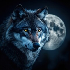 Poster - Majestic wolf stands beneath a full moon in a dark nighttime landscape. Generative AI