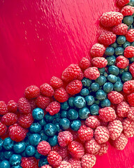 Poster - Vibrant Display of Fresh Berries on a Textured Red Surface for a Summer Feast