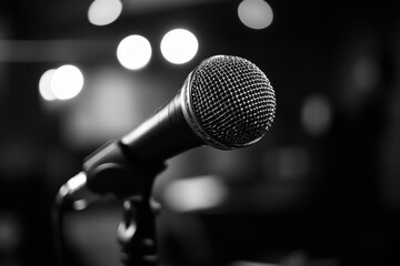 Poster - Close up of a microphone ready for a live performance in a dimly lit venue with soft bokeh lights in the background. Generative AI