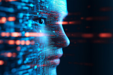 Poster - Digital human representation blending technology and art in a futuristic setting with vibrant colors