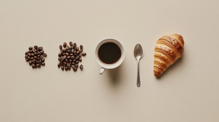 Aufkleber - Coffee and croissant flat lay with beans and cup arranged in a minimalist style during morning breakfast. Generative AI