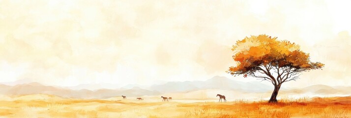 Poster - Scenic landscape showcasing wild horses grazing under a golden hued tree in a serene open field during sunset. Generative AI