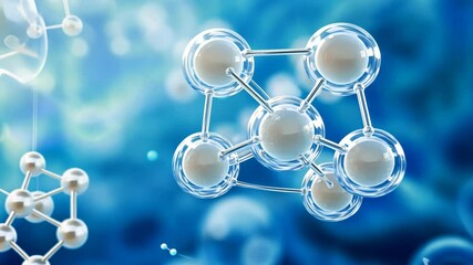 Wall Mural - molecular structure rotation in blue fluid environment with light reflections