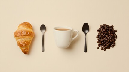 Aufkleber - Morning coffee and croissant flat lay with black spoons and coffee beans for breakfast. Generative AI