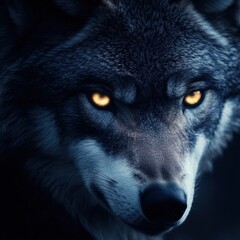 Poster - Majestic wolf gazes intensely in the moonlight surrounded by a dark forest atmosphere at night. Generative AI