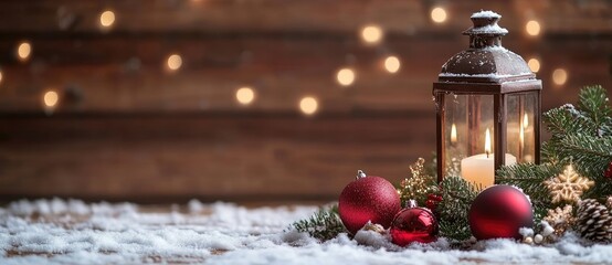 Wall Mural - a festive christmas scene with a glowing lantern, red ornaments, pine branches, and snow on a rustic