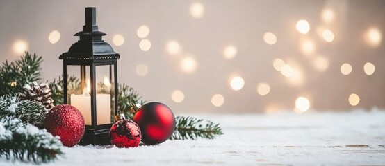 Wall Mural - a glowing lantern with red ornaments, pine branches, and snow against a soft bokeh background. ideal