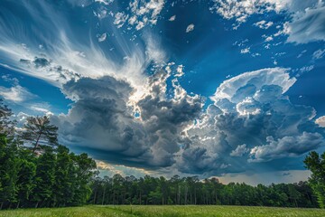 Poster - Cloud formations display a vibrant array of blues and whites, illustrating the beauty of a dramatic sky at midday
