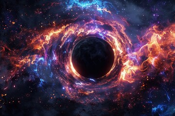 Poster - Stunning representation of a black hole surrounded by glowing cosmic gas and colorful nebulae in deep space
