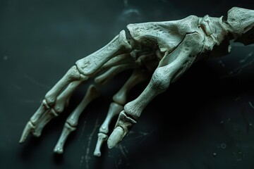 Poster - Detailed view of a human hand skeleton showcasing the intricate bone structure and joints against a dark background