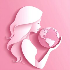 Wall Mural - A contemporary International Women's Day banner with a white woman holding the earth and a butterfly icon on a pink backdrop