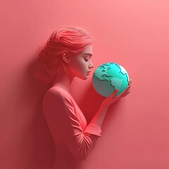 Wall Mural - An International Women's Day banner in modern style, depicting a white woman with a globe and butterfly on a pink background