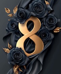 Wall Mural - A modern illustration for March 8th, depicting a golden eight on a black background, designed as a glowing banner, poster, or card to celebrate International Women's Day