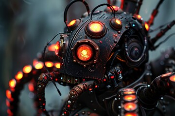 Poster - Detailed close-up of a robotic spider with glowing lights in a futuristic urban environment during nighttime