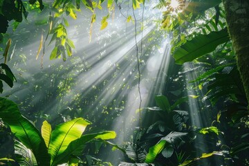 Poster - Sunlight filters through dense foliage in a tropical rainforest, creating a serene and vibrant atmosphere during midday
