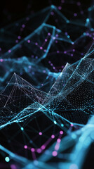 Poster - Abstract digital data network with glowing nodes and interconnected lines representing complex systems, technology, and digital communication in cyberspace.