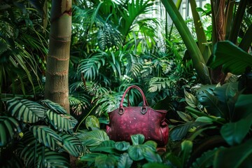 Poster - Stylish bag resting among lush greenery in a tropical setting during the golden hour of sunset