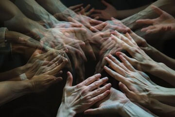 Poster - Hands reaching out in a collaborative effort highlighting unity and teamwork in a community setting during bright daylight
