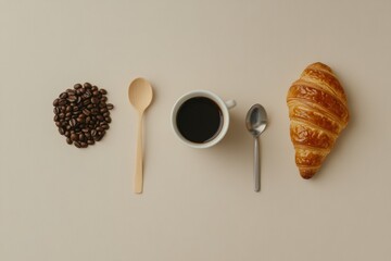 Aufkleber - Delightful morning flat lay featuring coffee, croissant, and wooden utensils arranged artistically on a neutral surface. Generative AI