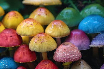 Poster - Brightly colored mushrooms growing in a lush forest during the early morning light with vibrant hues of yellow, pink, and blue
