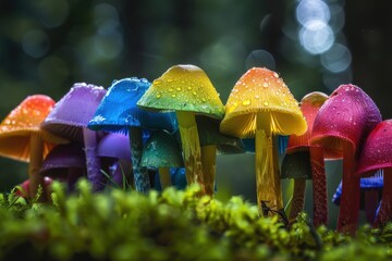 Poster - Brightly colored mushrooms growing in a lush forest during the early morning light with vibrant hues of yellow, pink, and blue