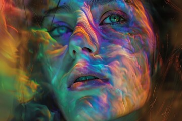 Poster - Artistic portrayal of a woman's face illuminated with vibrant colors, showcasing ethereal beauty and captivating expression in a surreal setting