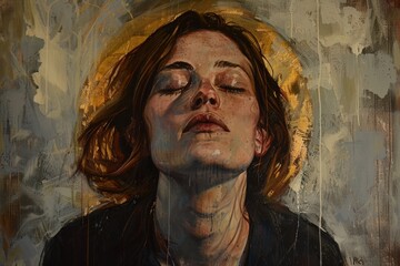 Poster - Artistic portrayal of a woman's face illuminated with vibrant colors, showcasing ethereal beauty and captivating expression in a surreal setting