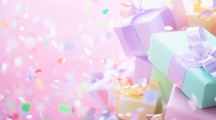 Wall Mural - Pastel Gift Explosion: A delightful array of pastel-colored presents, adorned with delicate ribbons, amidst a flurry of colorful confetti, evokes feelings of joy and celebration.