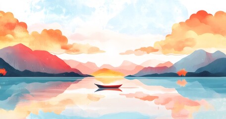 Wall Mural - Peaceful lake sunset boat reflection mountains