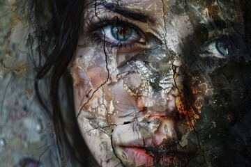 Poster - Mysterious portrait of a woman with textured layers and abstract elements highlighting intricate emotions and contrasts