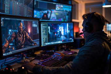 Fototapete - Game developer wearing headphones works on 3D character design in studio with multiple monitors. Concept of gaming, creativity and digital art