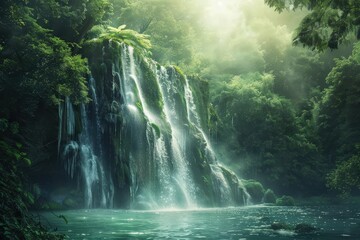 Aufkleber - Majestic waterfalls cascading in a glowing fantasy landscape surrounded by luminous plants and rocks
